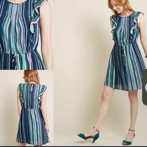 ModCloth Multicolored Striped Get Into The Ruffle Drawstring Waist Dress NWOT L - Picture 3 of 16